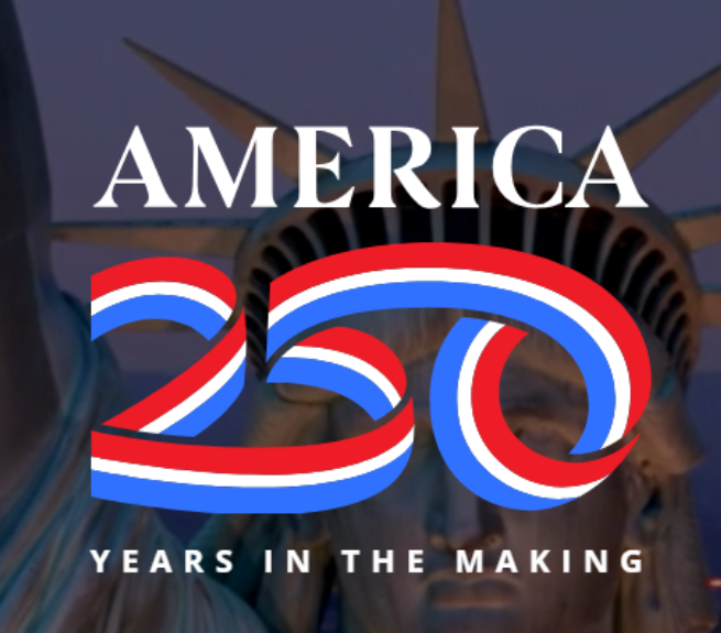 Graphic of the America 250 logo on a photo of the statue of Liberty
