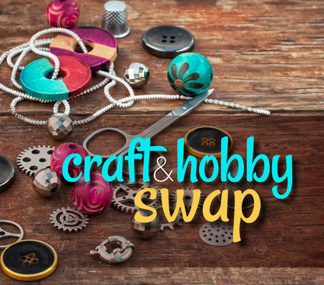 Graphic showing craft supplies like thread and scissors. Reads Craft and Hobby swap