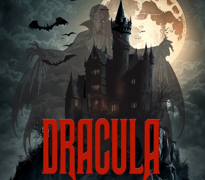 Moody graphic of a castle with a full moon and Dracula in red letters in front of it