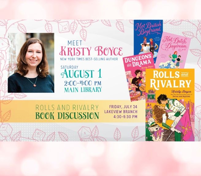 Graphic promoting author event with Kristy Boyce on August 1st.