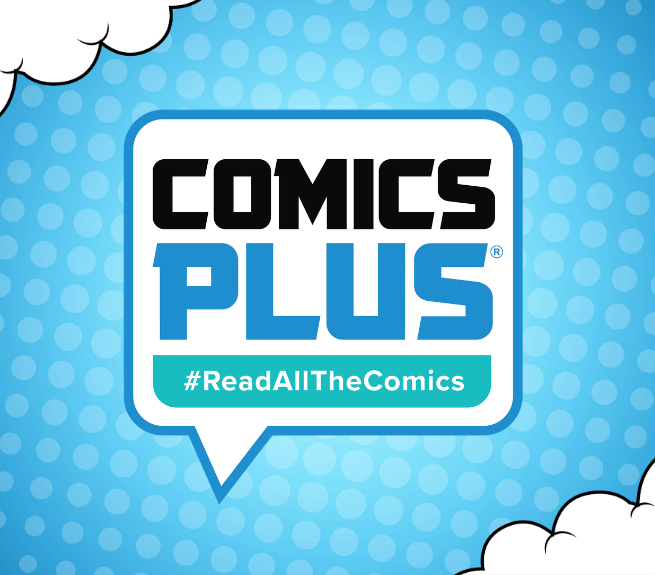 Graphic with blue background and clouds and Comic Plus logo that reads Read all the Comics